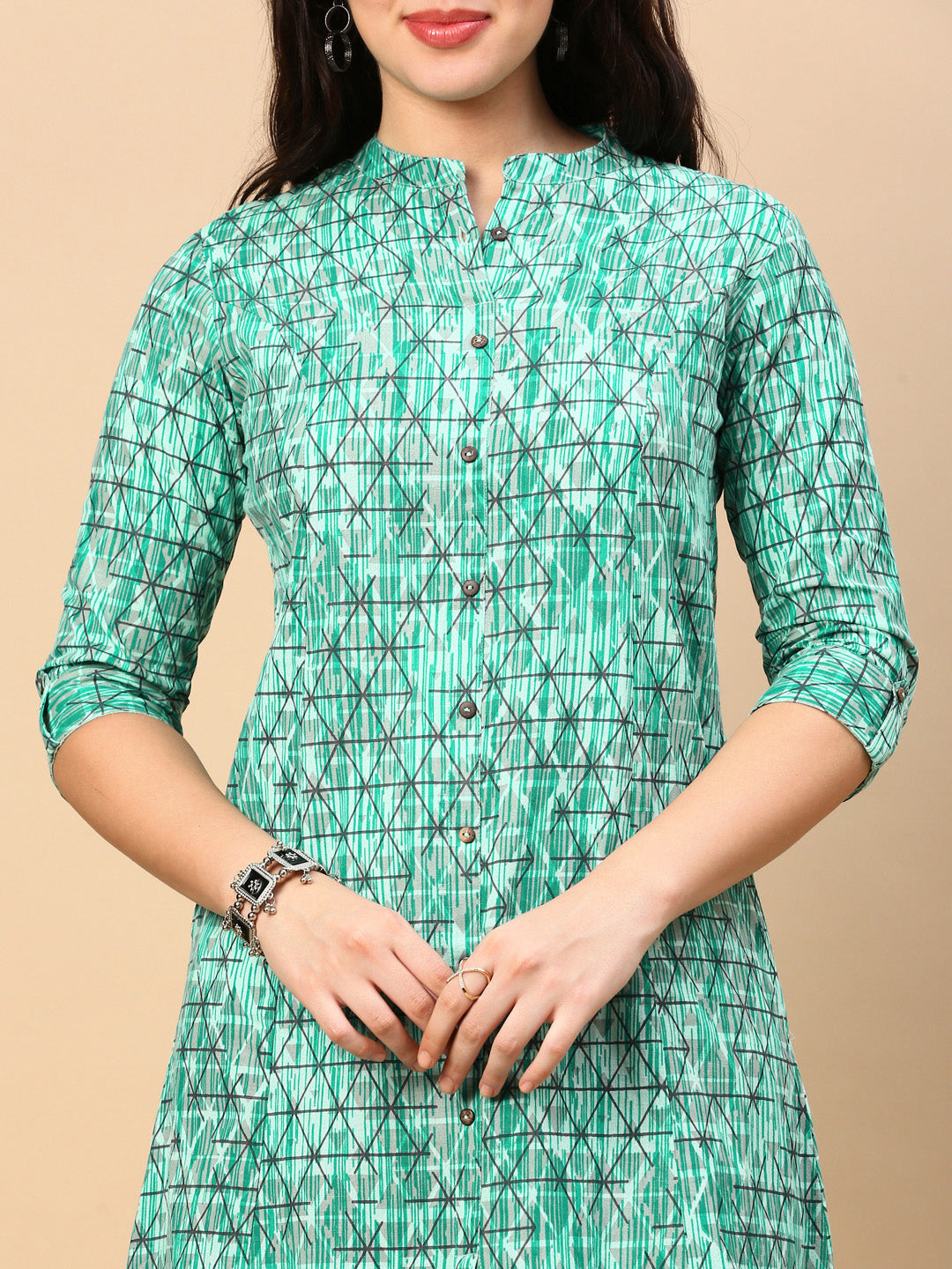 Women's Turquoise Blue Geometric A Line Kurta