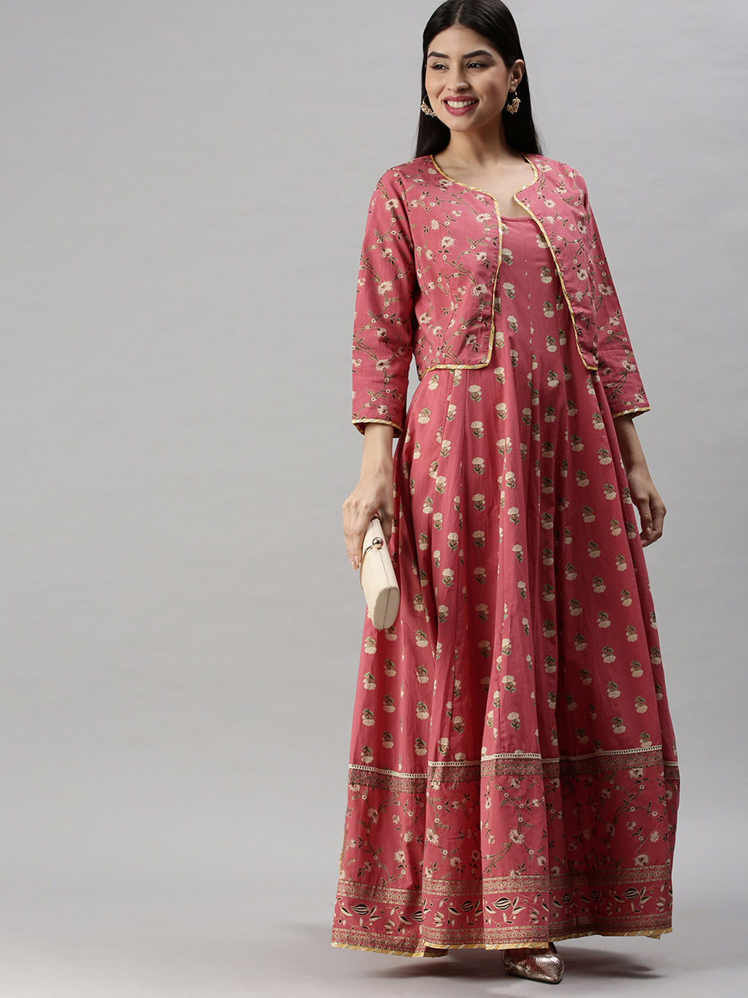 Women's Pink & Off White Floral Gotta Patti Anarkali Kurta with Jacket