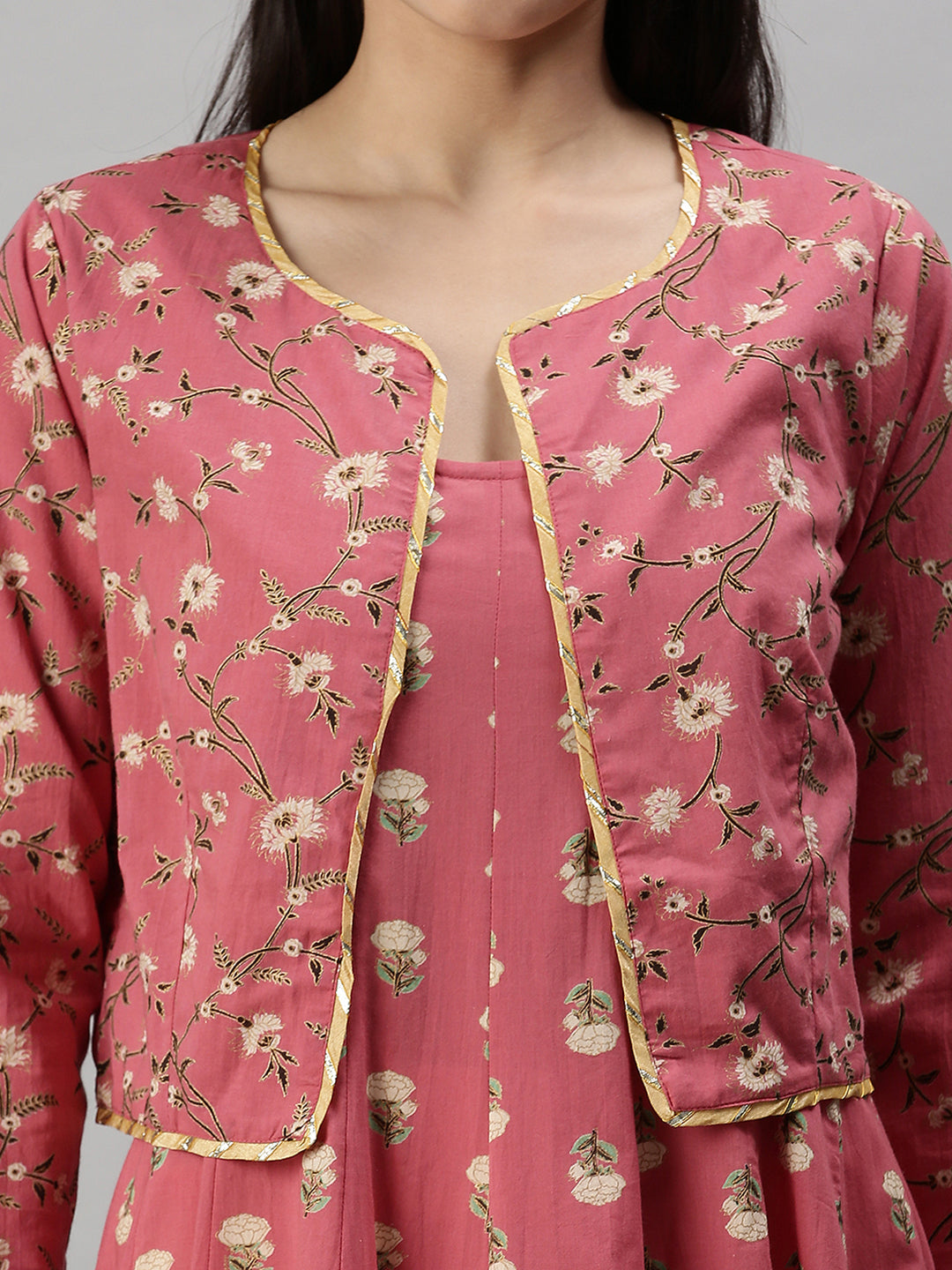 Women's Pink & Off White Floral Gotta Patti Anarkali Kurta with Jacket