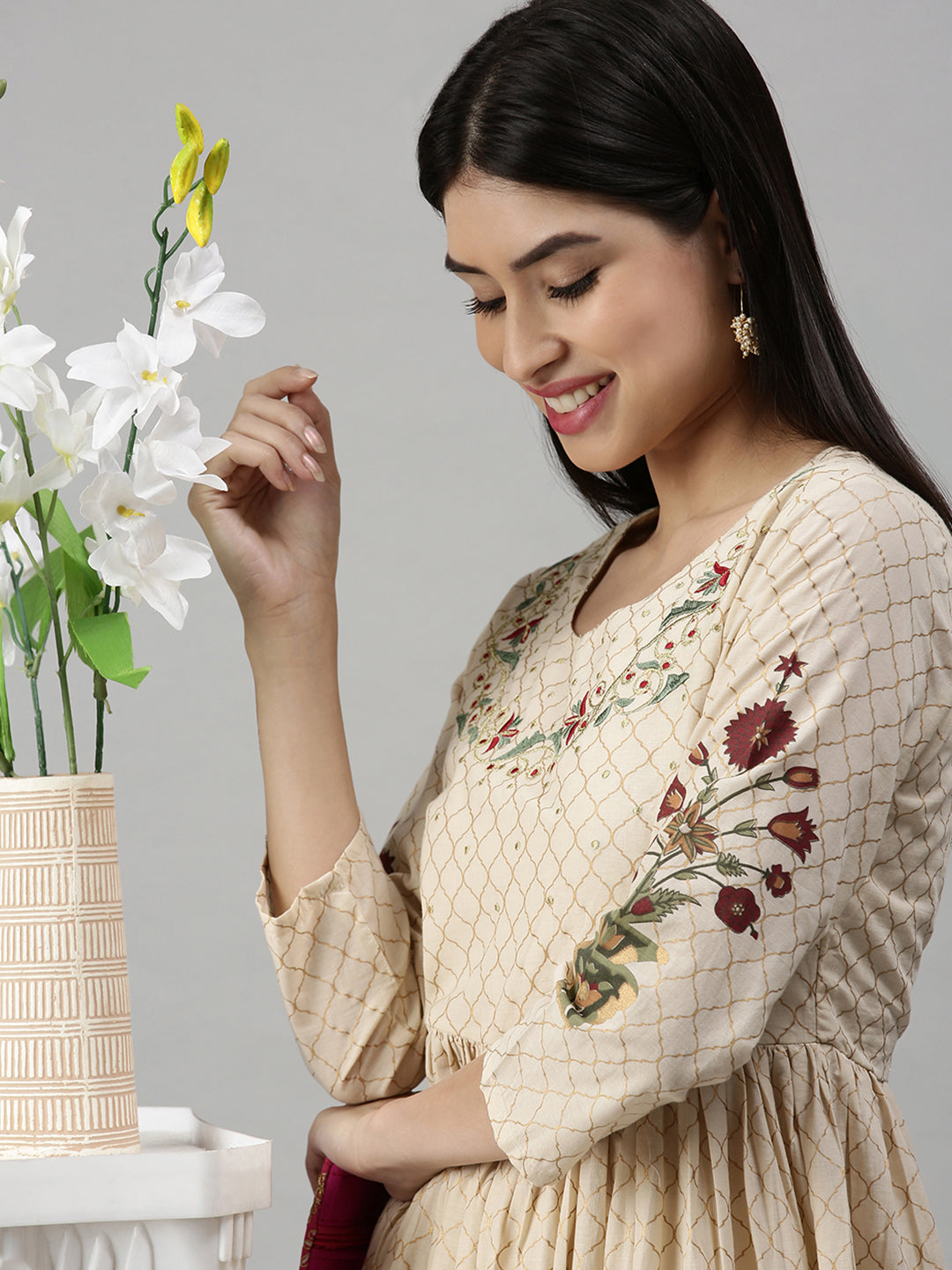 Women's Beige Floral Printed Anarkali Kurta
