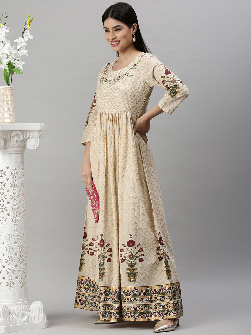 Women's Beige Floral Printed Anarkali Kurta