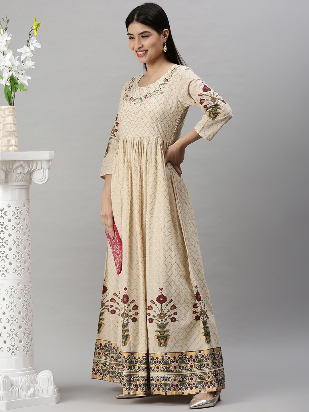Women's Beige Floral Printed Anarkali Kurta
