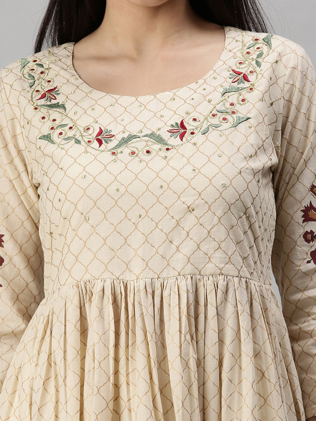 Women's Beige Floral Printed Anarkali Kurta