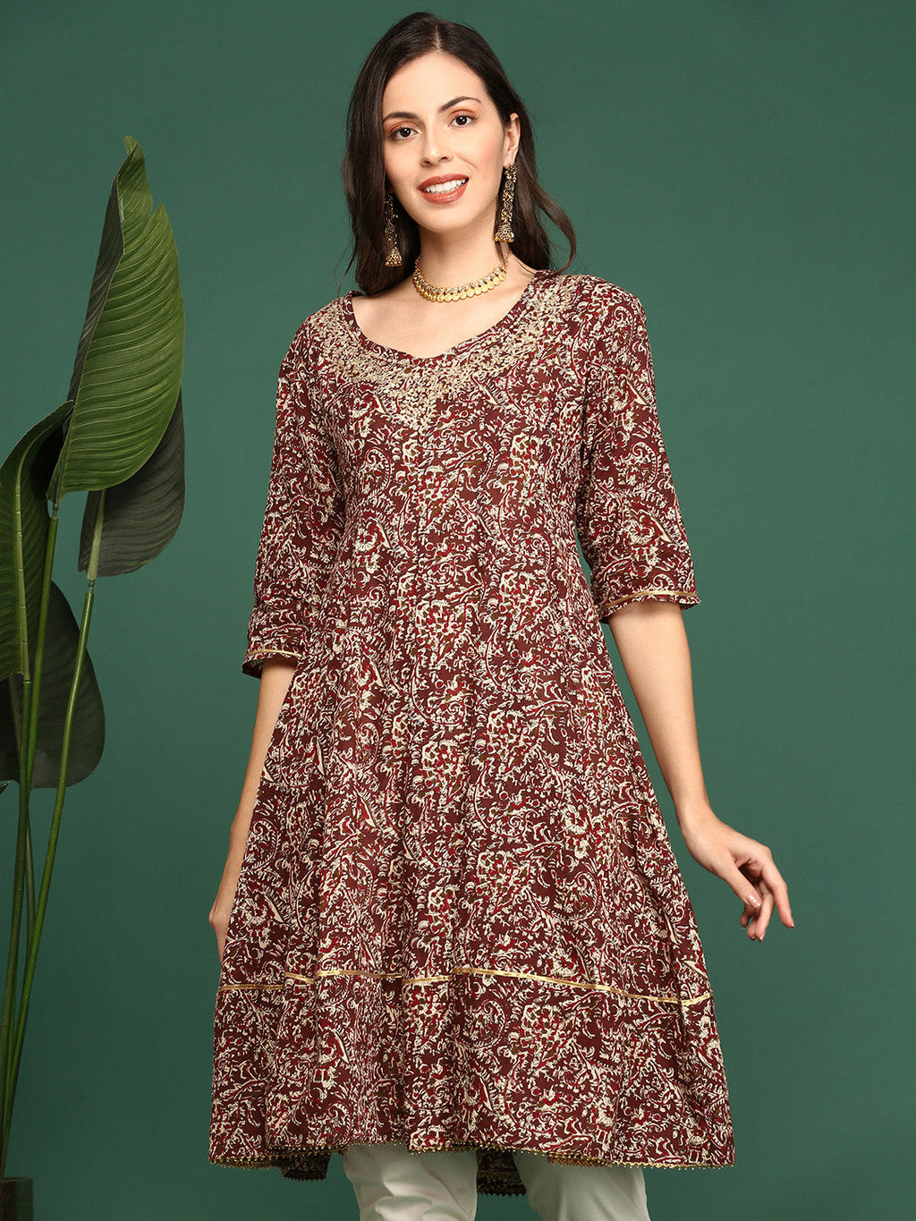 Women's Maroon Ethnic Printed A-Line Kurta