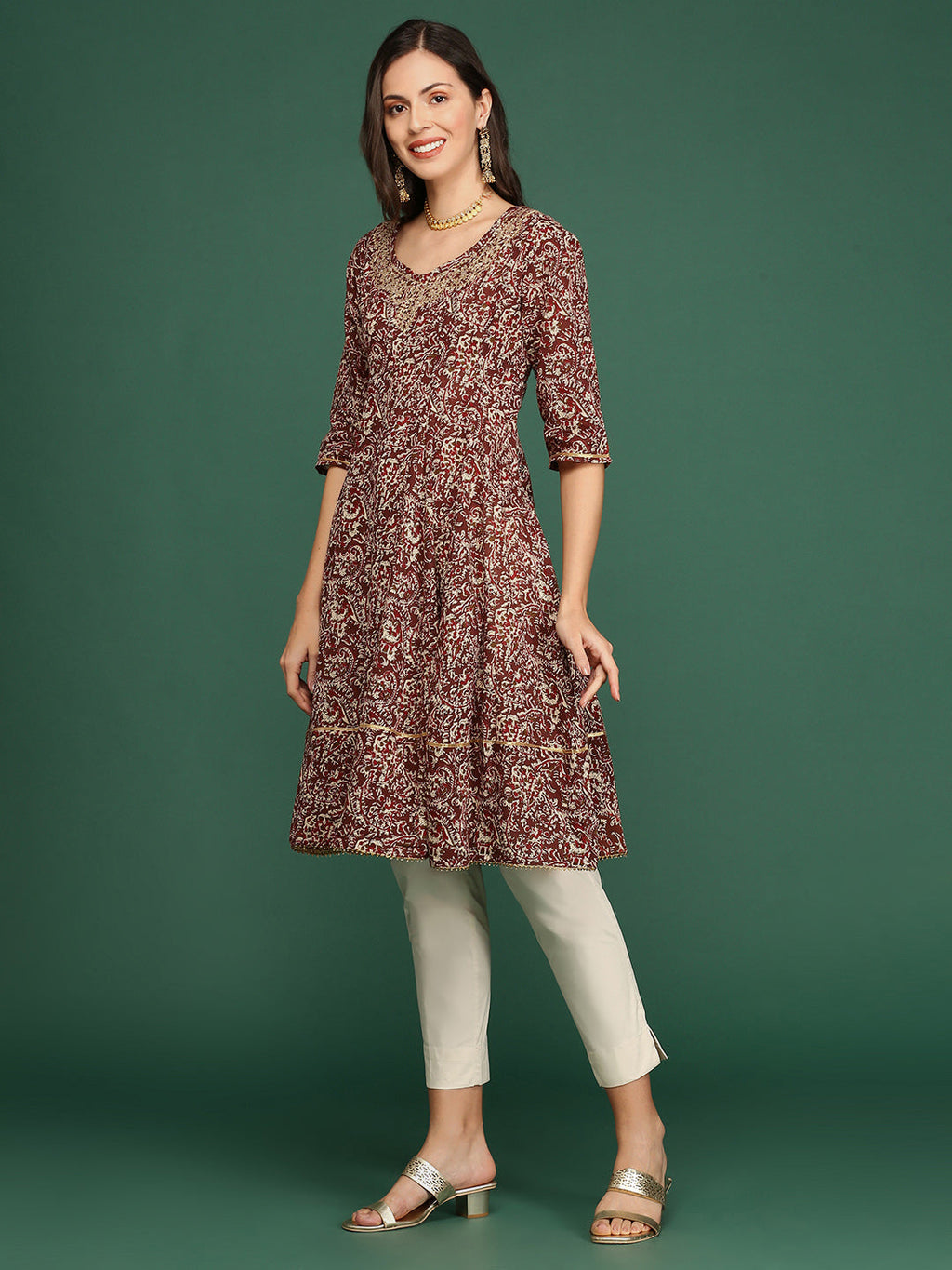 Women's Maroon Ethnic Printed A-Line Kurta