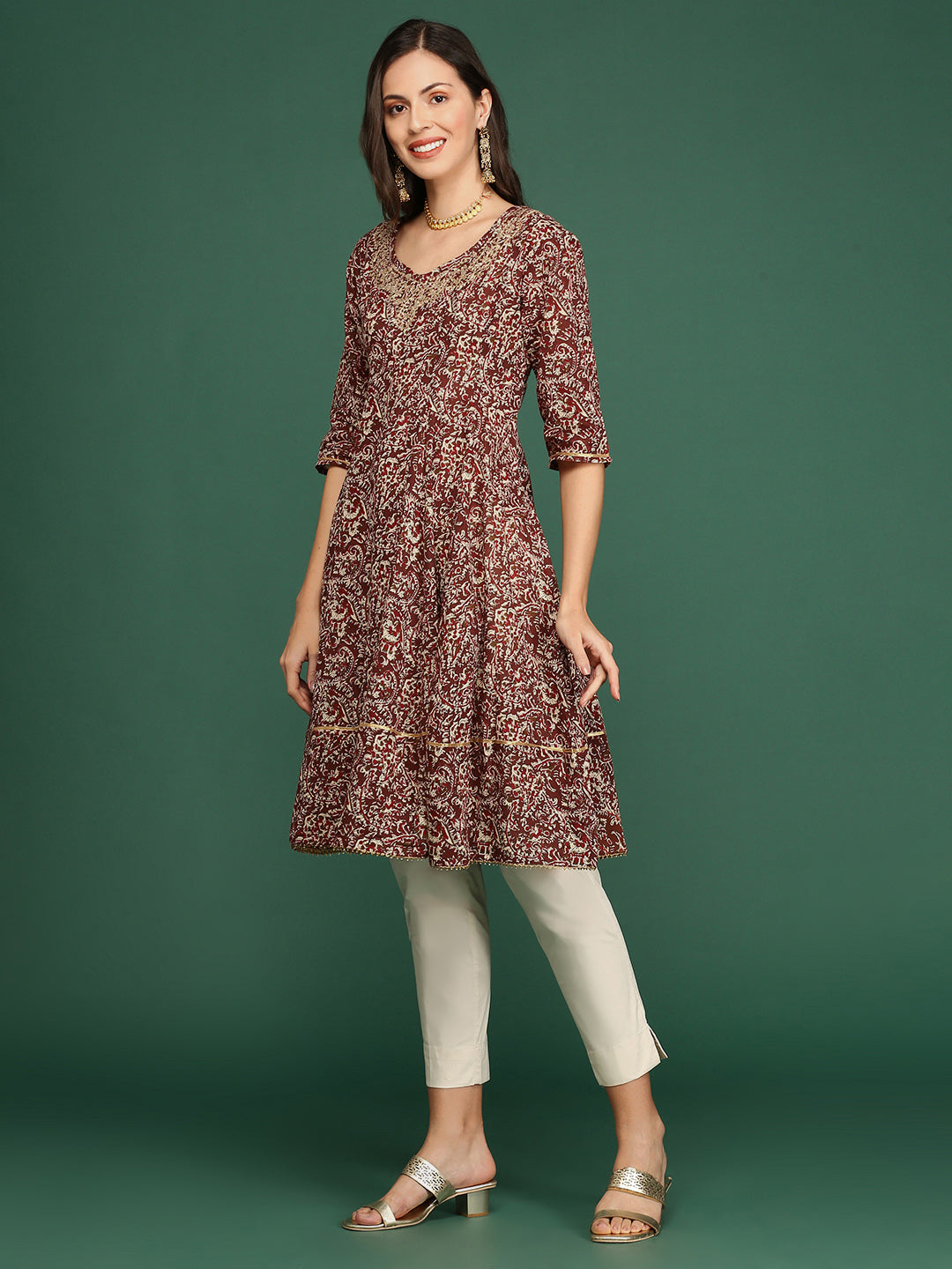 Women's Maroon Ethnic Printed A-Line Kurta