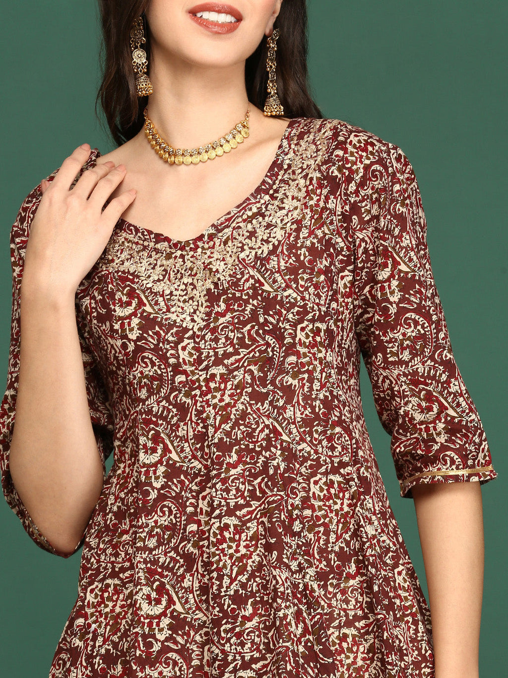 Women's Maroon Ethnic Printed A-Line Kurta