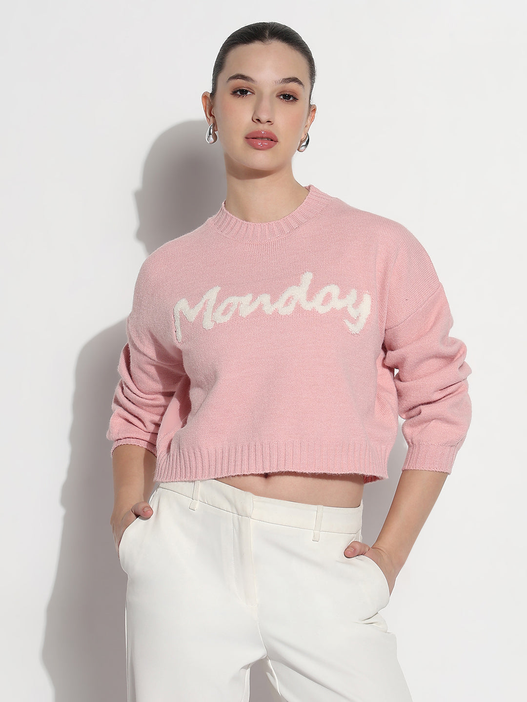 Women's Typography Pink Knitted Crew Neck Crop Top