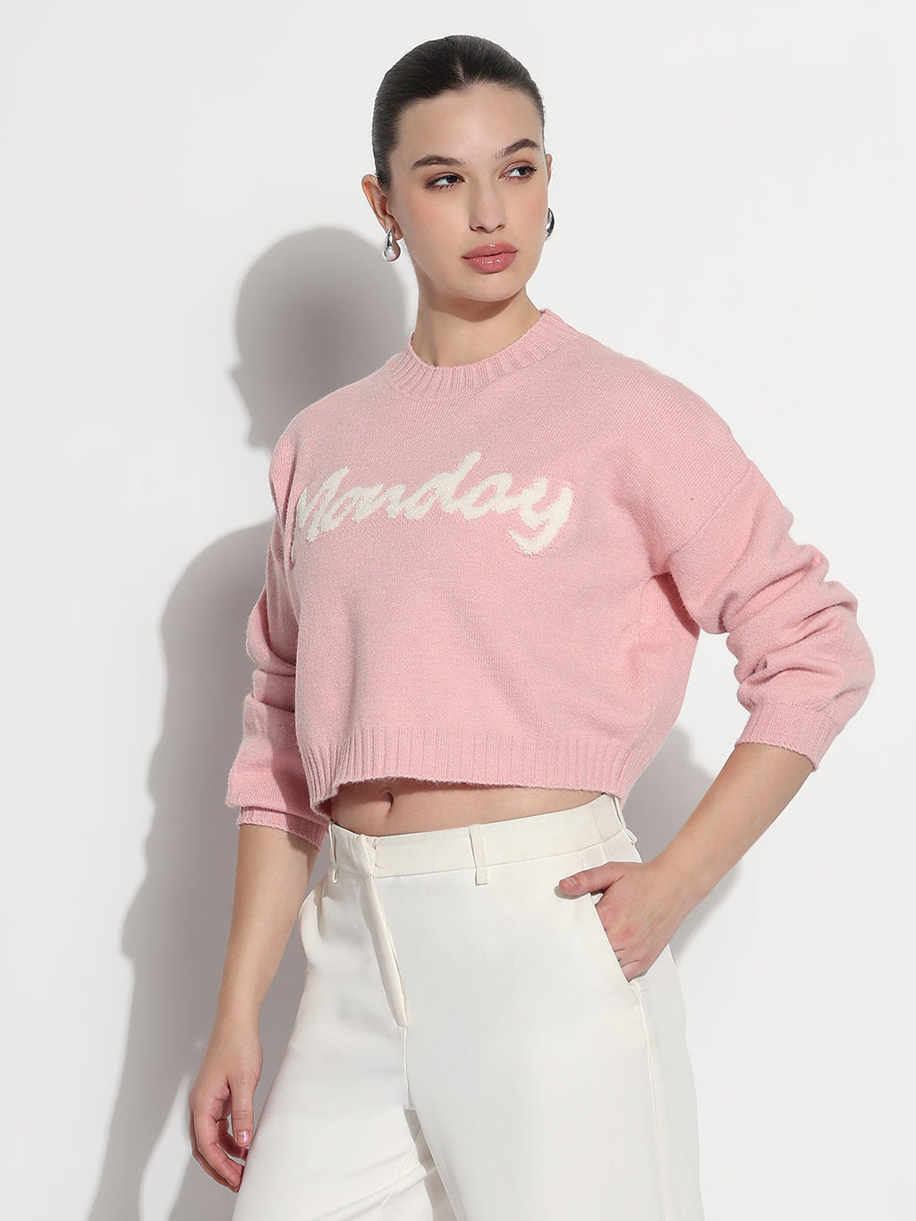 Women's Typography Pink Knitted Crew Neck Crop Top