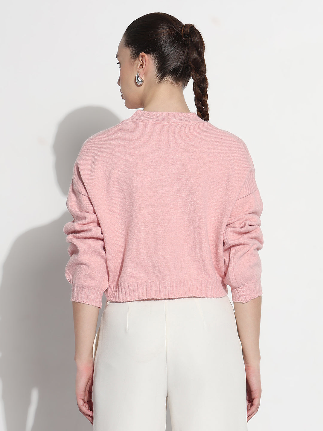 Women's Typography Pink Knitted Crew Neck Crop Top
