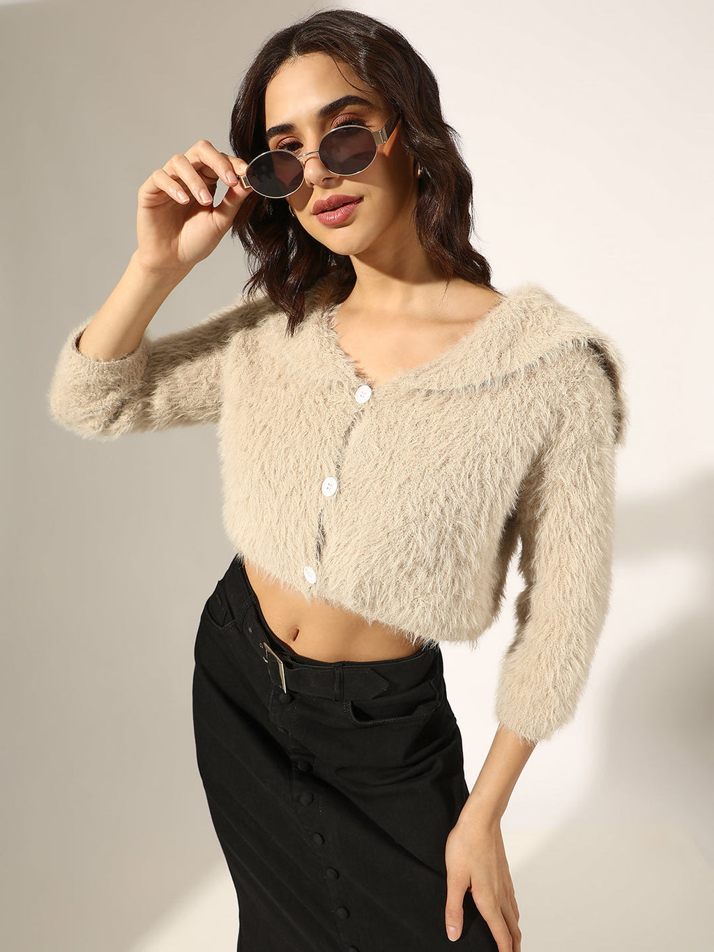 Women's Textured Beige Fuzzy Knit Button-Up Crop Top