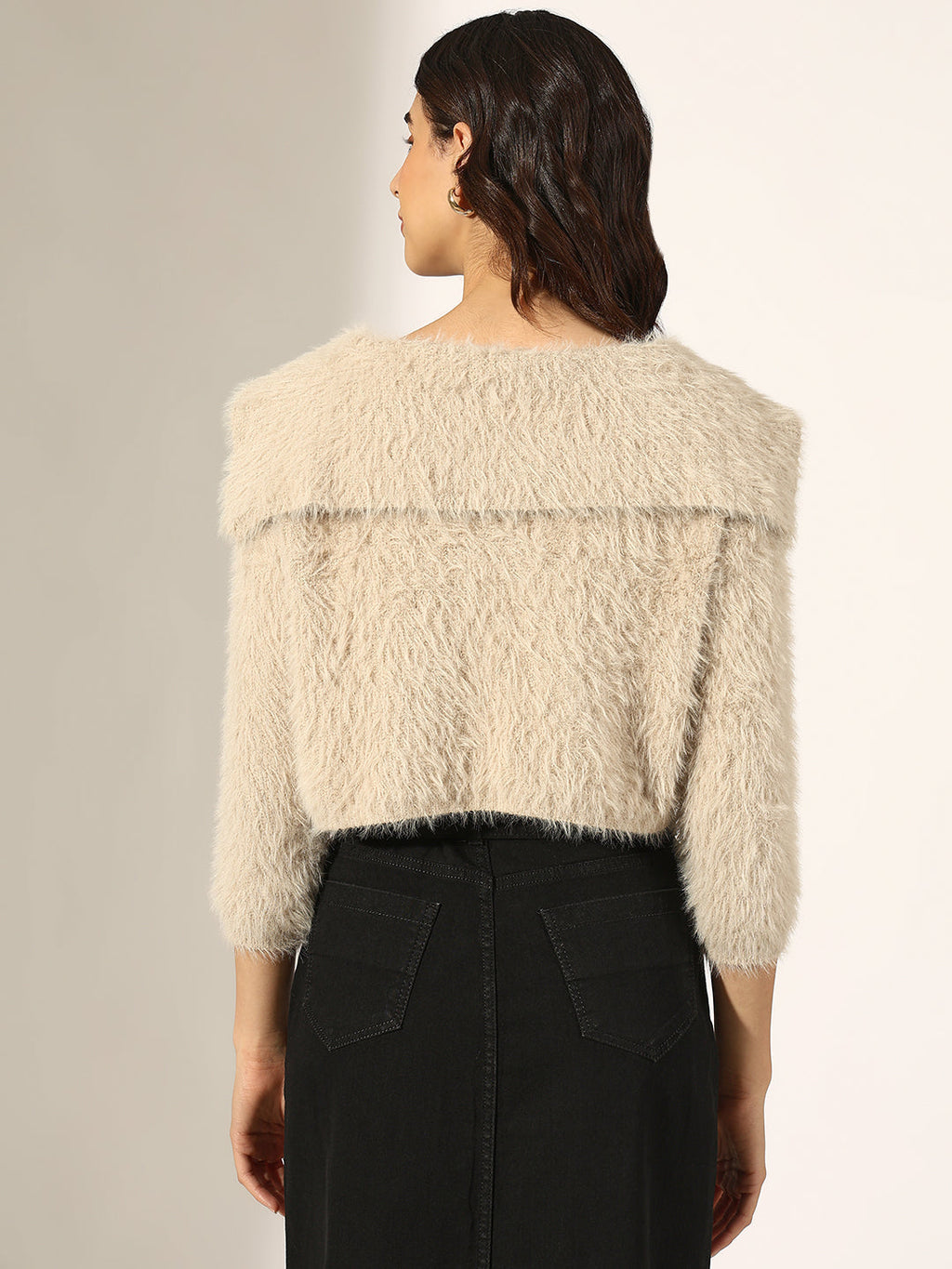 Women's Textured Beige Fuzzy Knit Button-Up Crop Top