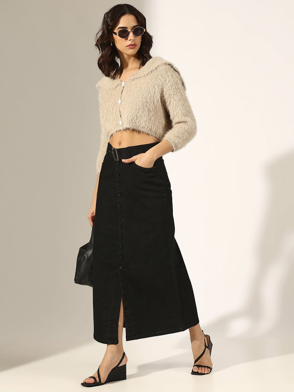 Women's Textured Beige Fuzzy Knit Button-Up Crop Top