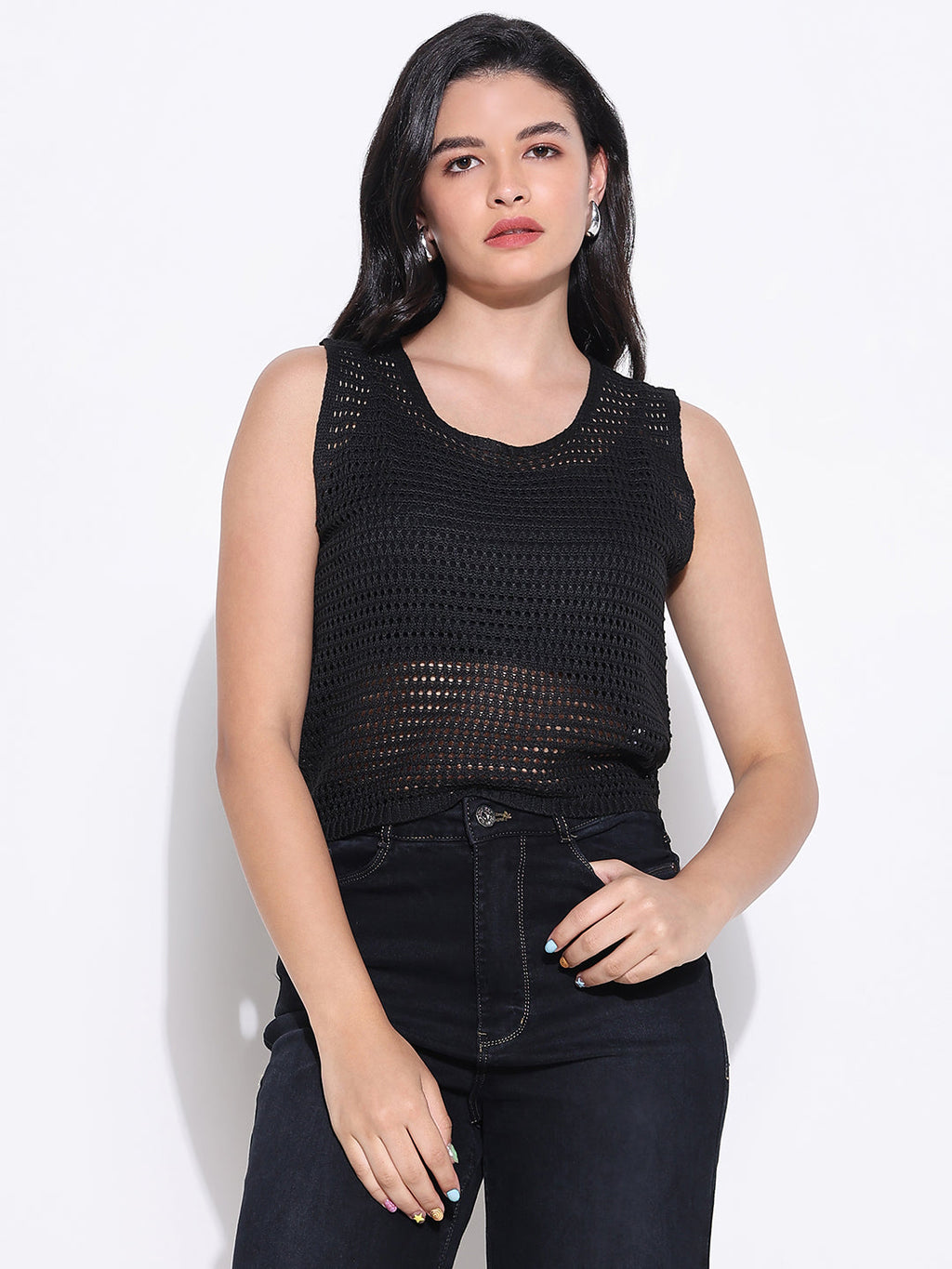 Women's Black Sleeveless Crochet Top