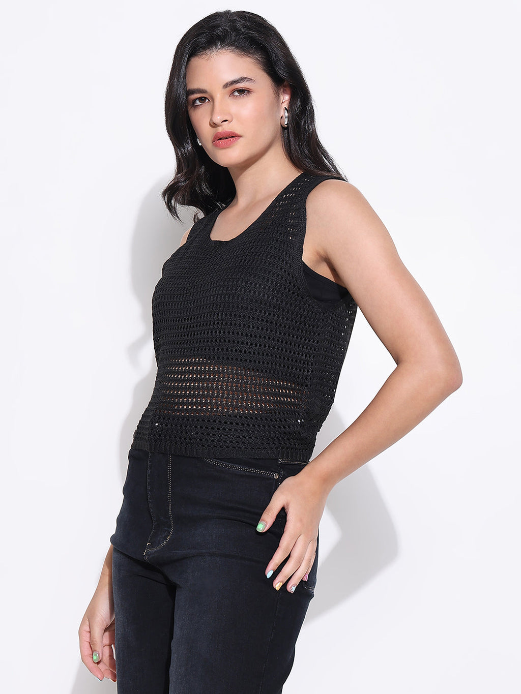 Women's Black Sleeveless Crochet Top