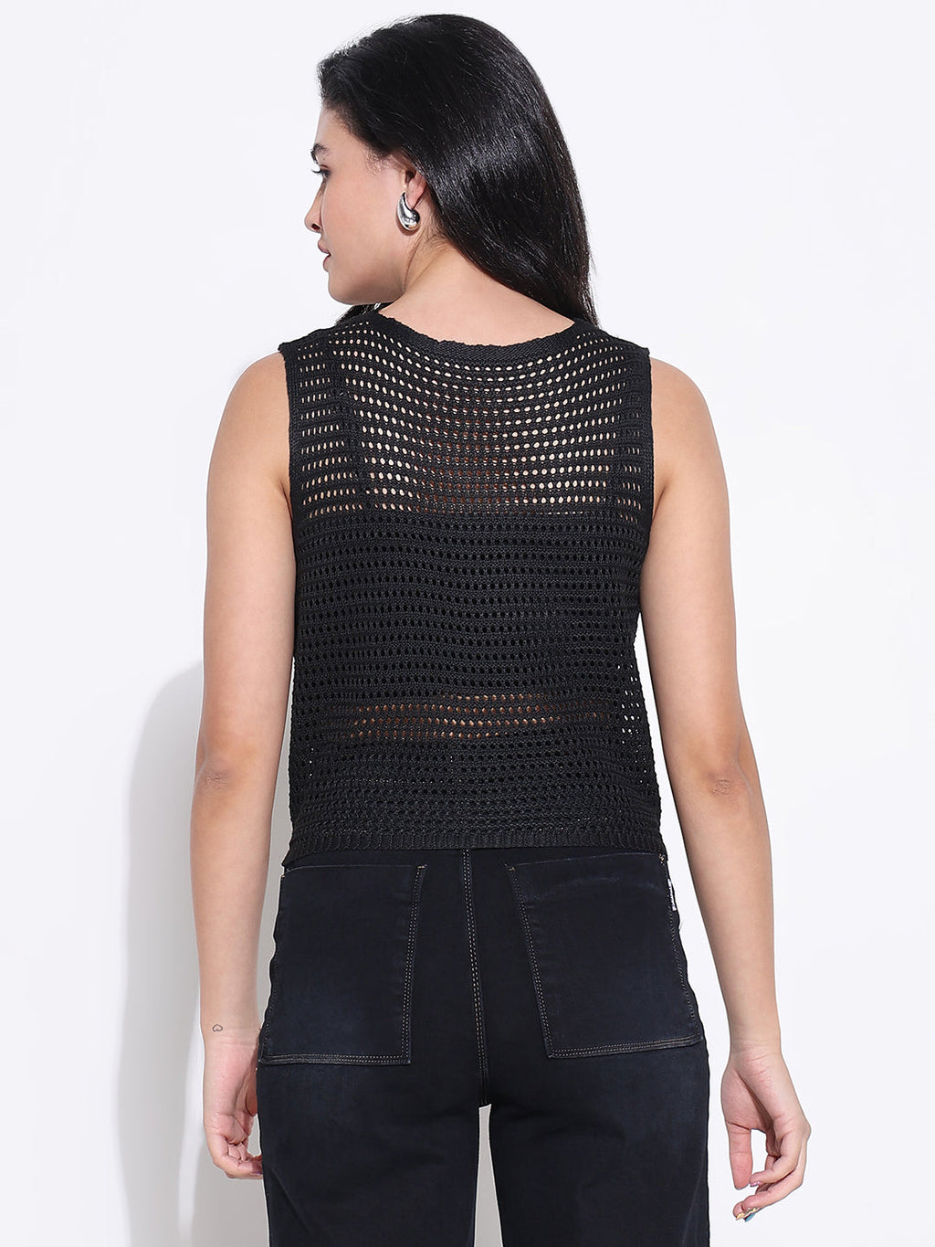 Women's Black Sleeveless Crochet Top