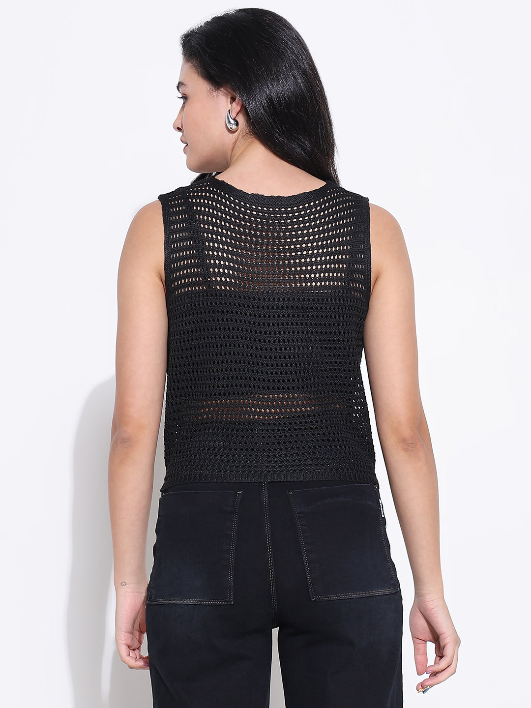 Women's Black Sleeveless Crochet Top