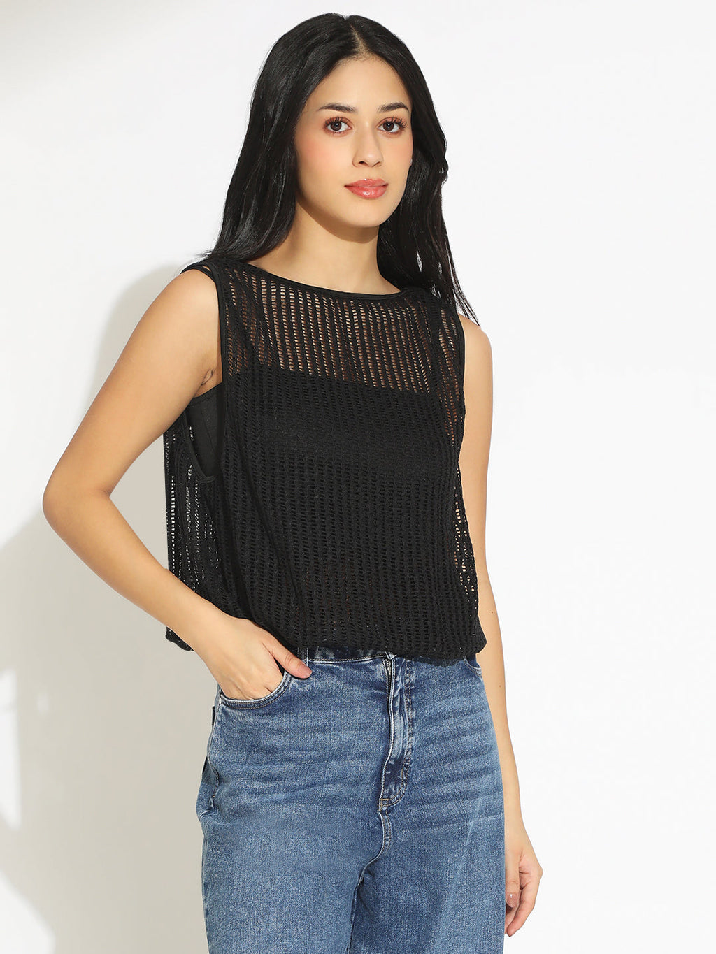 Women's Black Crochet Top with Attached Inner