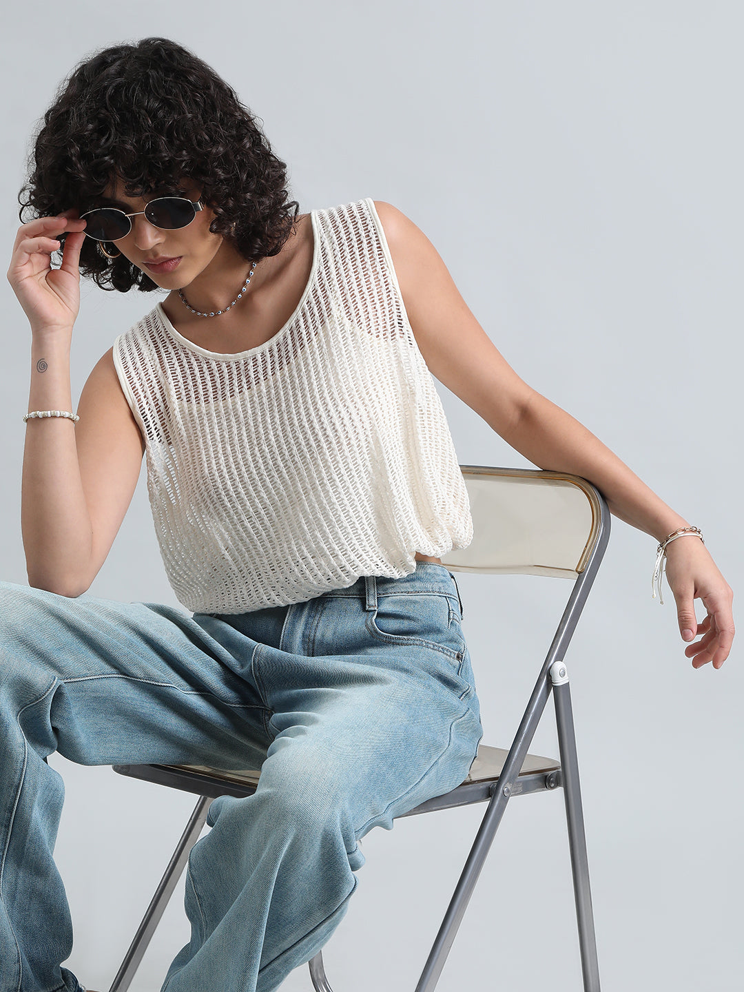 Women's Off White Crochet Top with Attached Inner