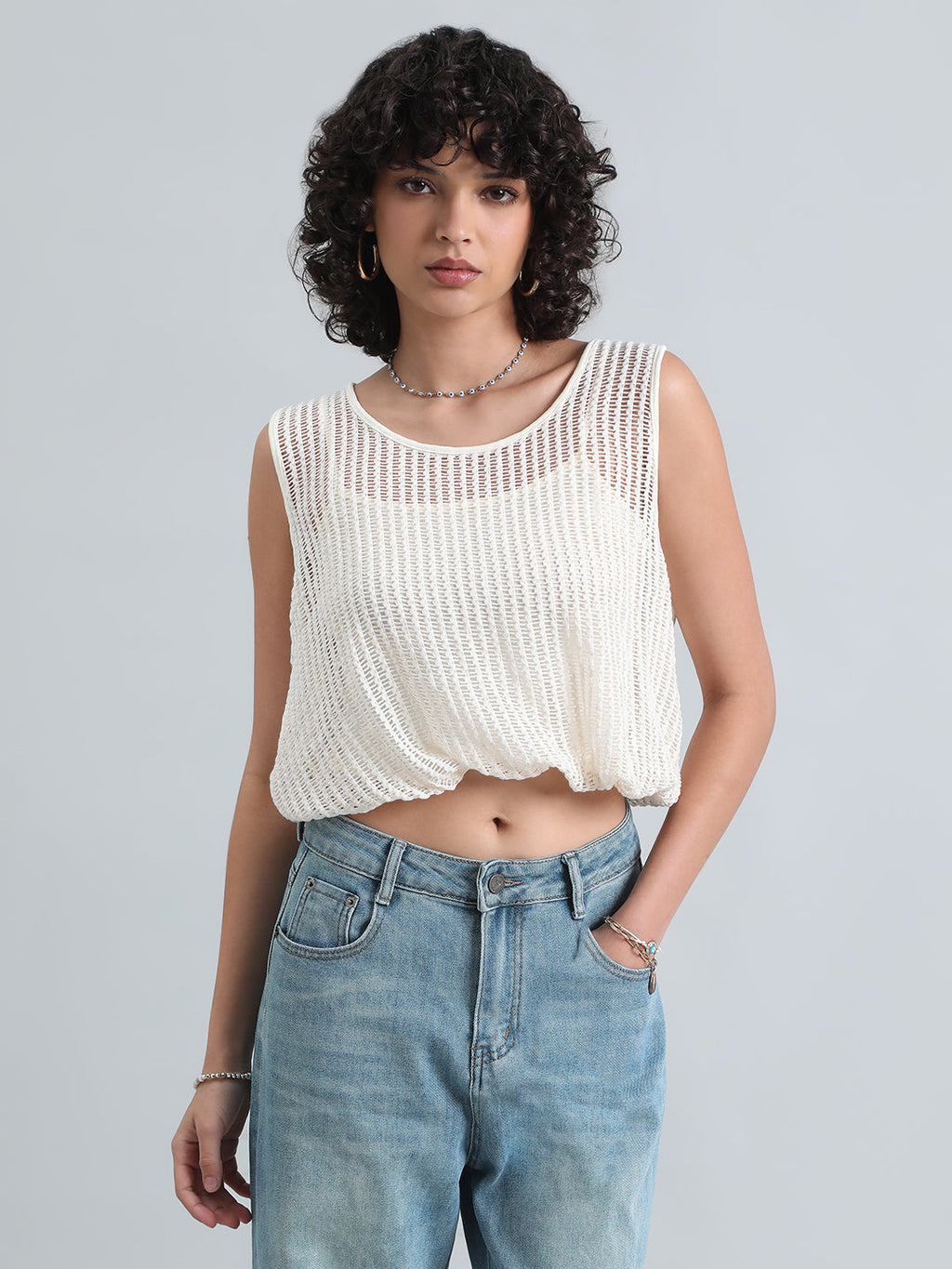 Women's Off White Crochet Top with Attached Inner