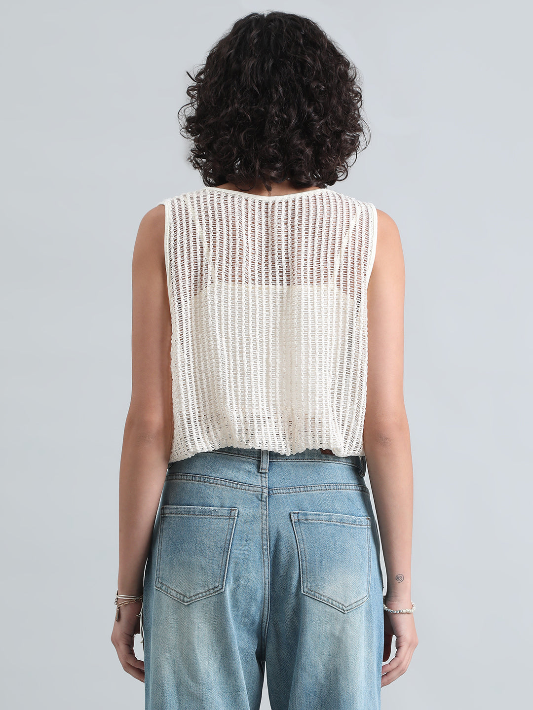 Women's Off White Crochet Top with Attached Inner