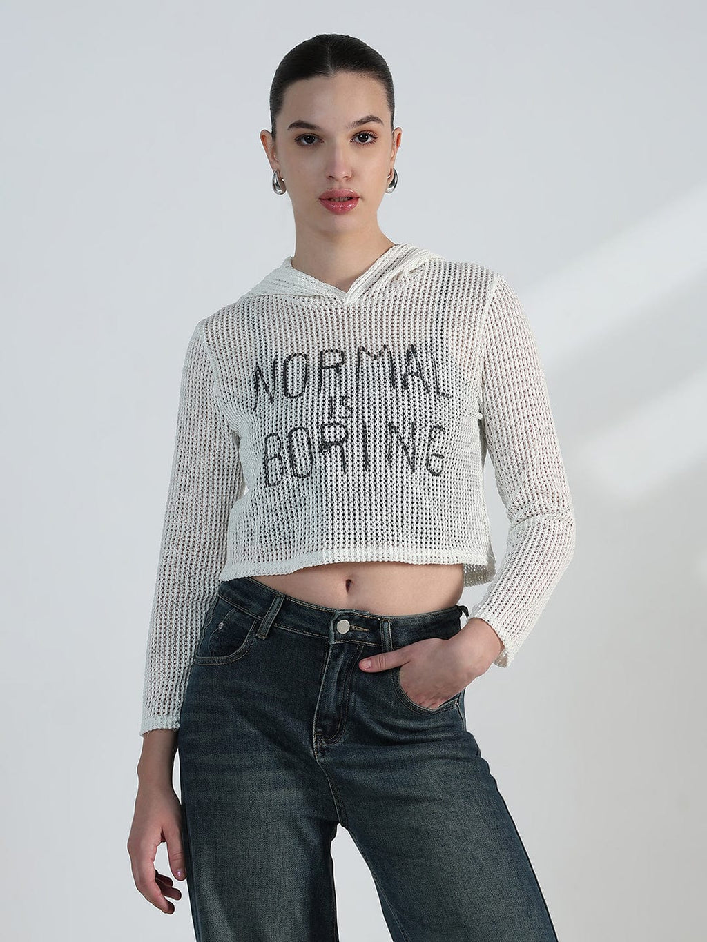 Women's Typography White Mesh Cropped Hoodie with Tank Top