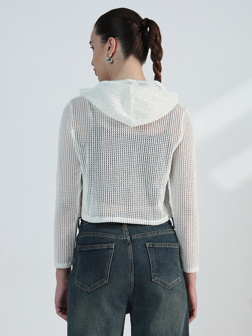 Women's Typography White Mesh Cropped Hoodie with Tank Top