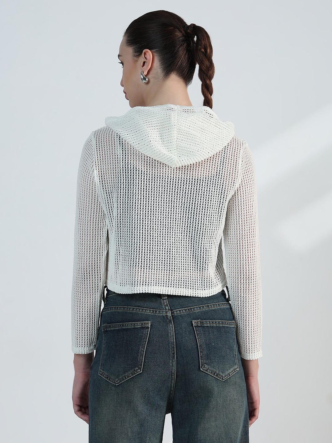 Women's Typography White Mesh Cropped Hoodie with Tank Top