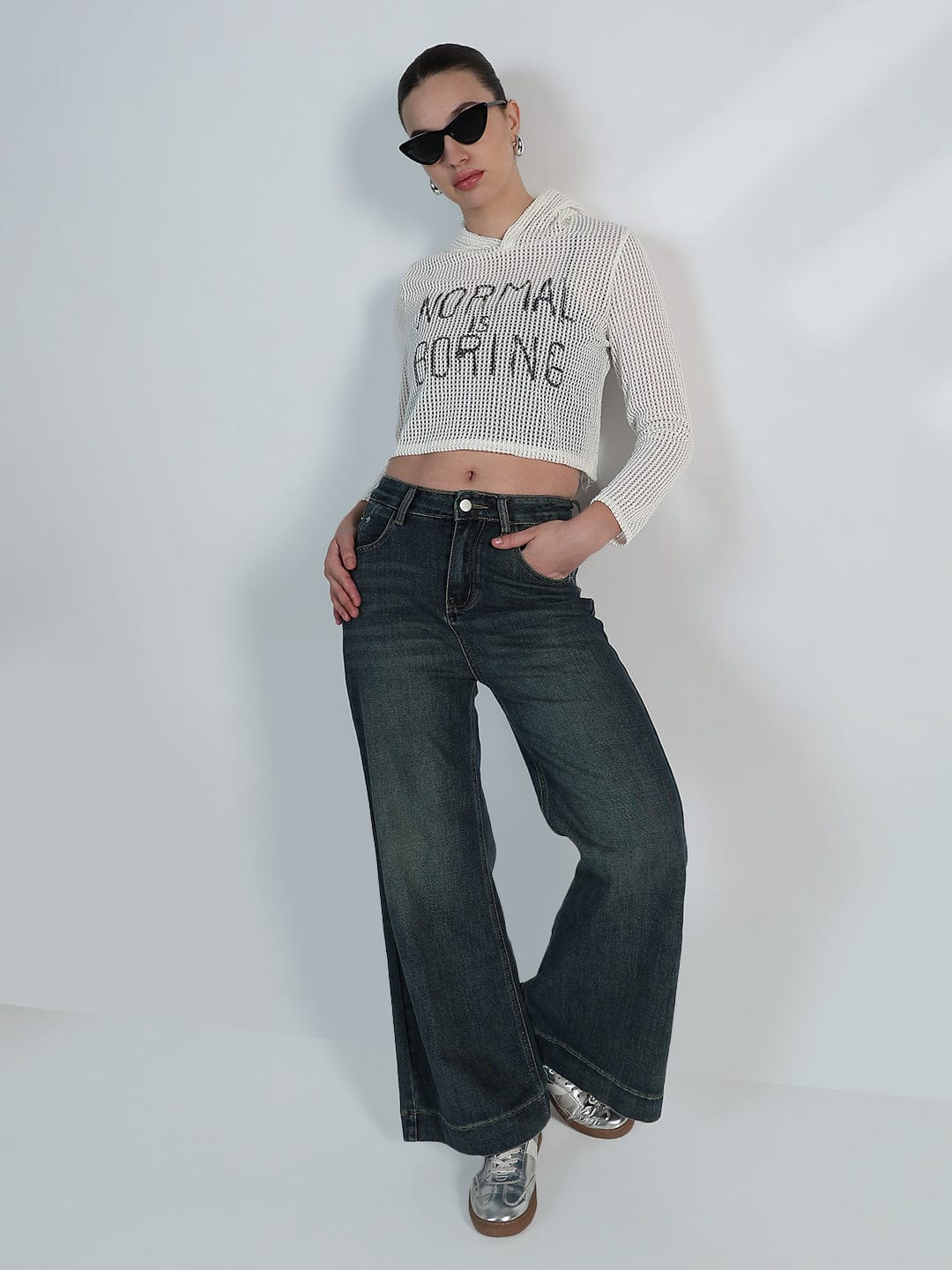 Women's Typography White Mesh Cropped Hoodie with Tank Top