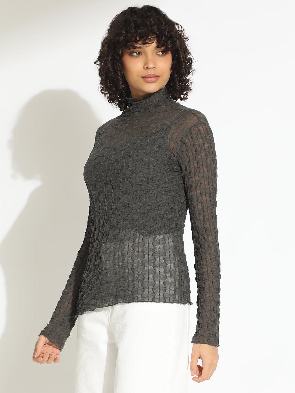 Women's Grey Fitted High Neck Top