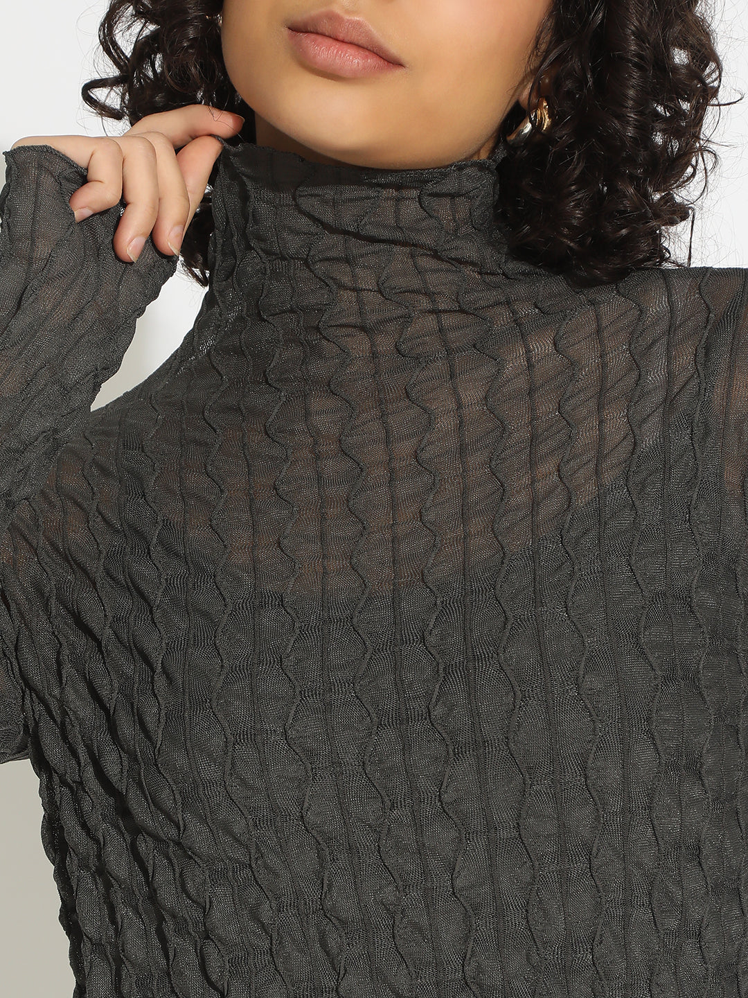 Women's Grey Fitted High Neck Top