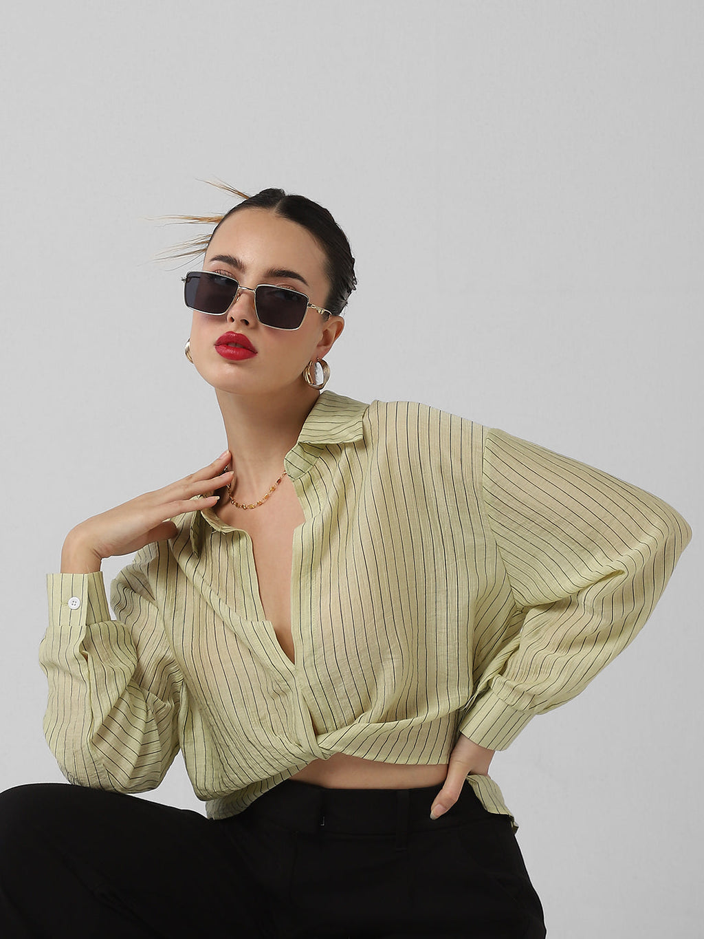 Women's Green Striped Shirt Style Crop Top