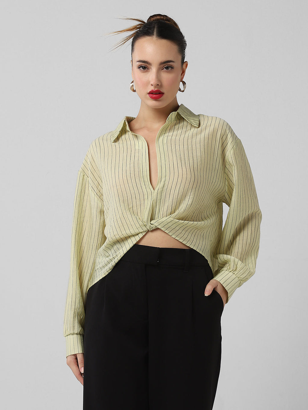 Women's Green Striped Shirt Style Crop Top