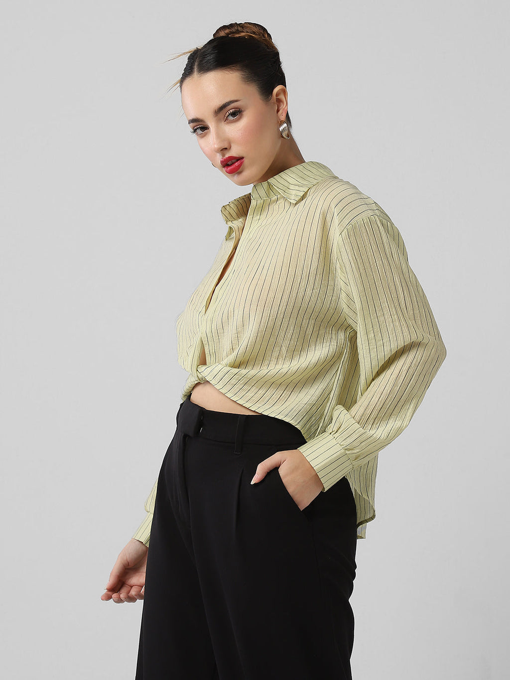 Women's Green Striped Shirt Style Crop Top