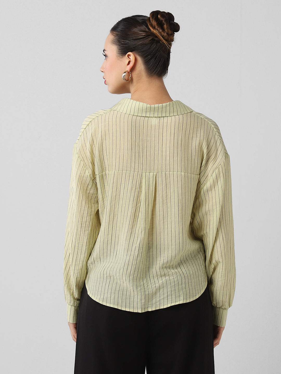 Women's Green Striped Shirt Style Crop Top