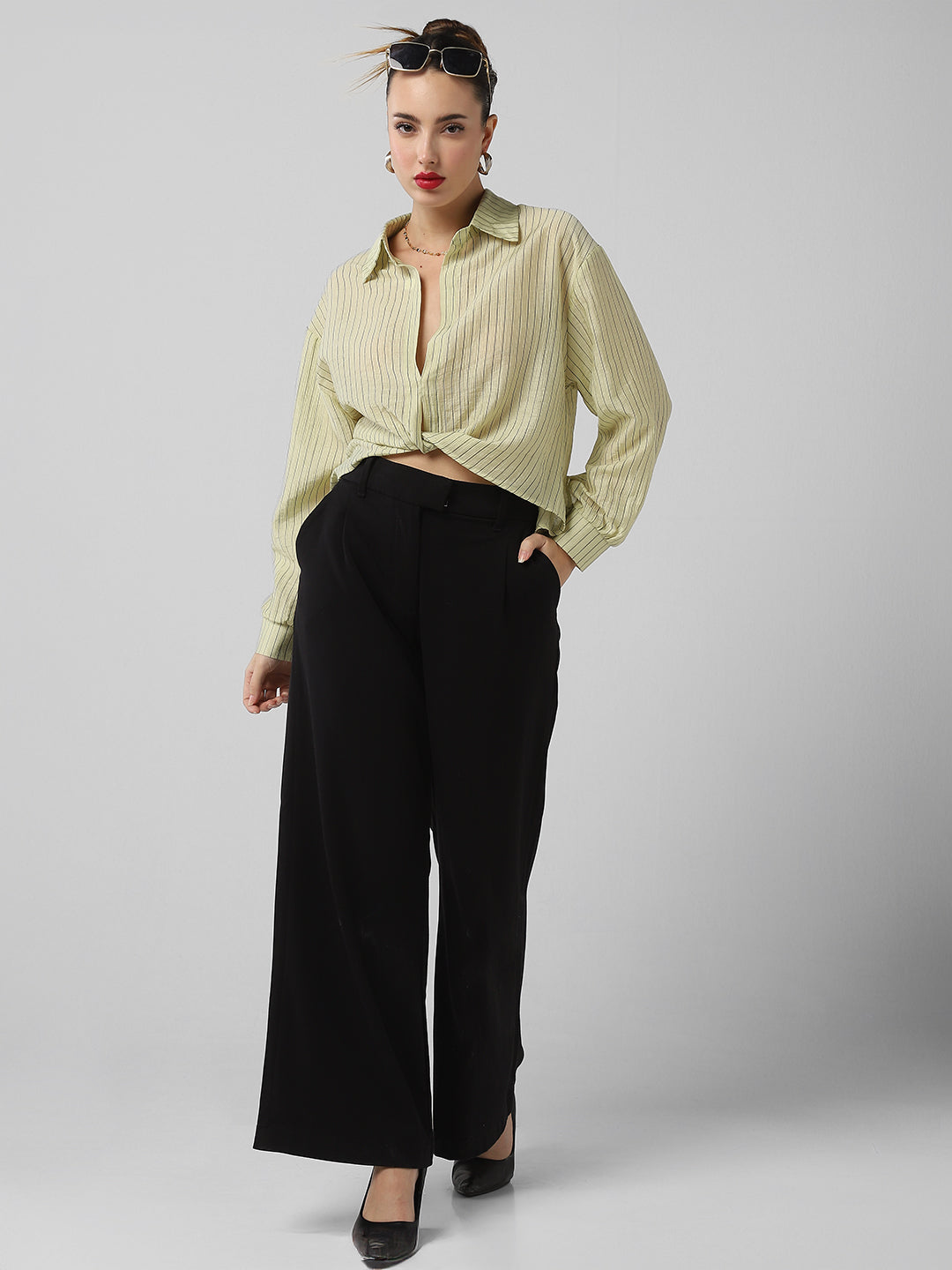 Women's Green Striped Shirt Style Crop Top