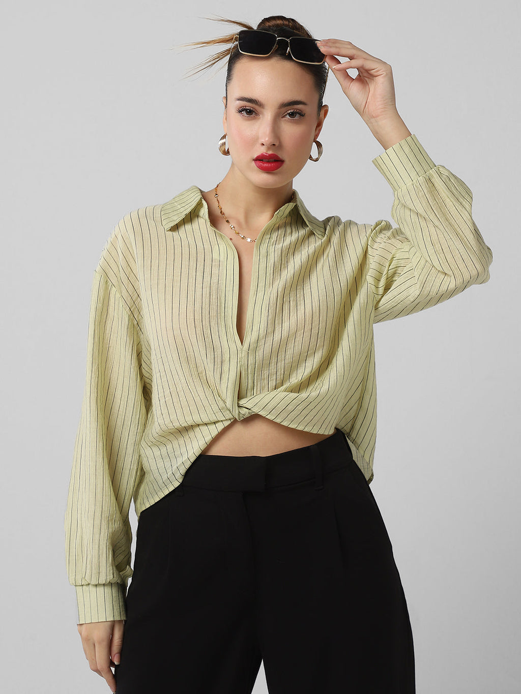 Women's Green Striped Shirt Style Crop Top