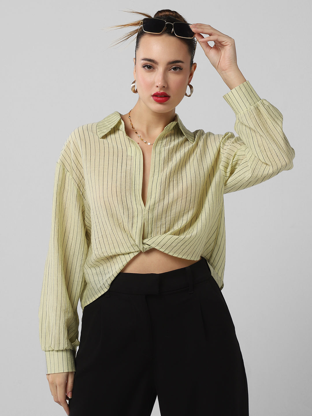 Women's Green Striped Shirt Style Crop Top