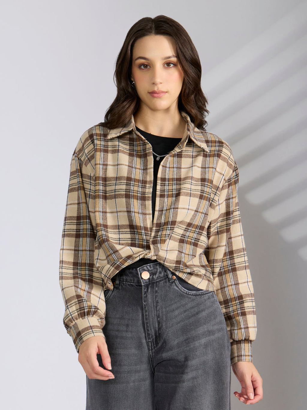 Women's Checked Beige Shirt Style Top with Chain