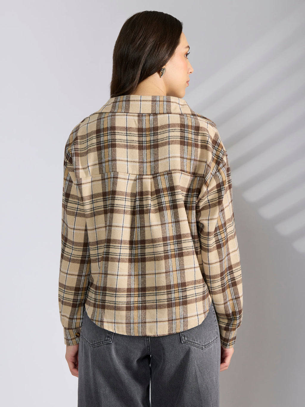 Women's Checked Beige Shirt Style Top with Chain