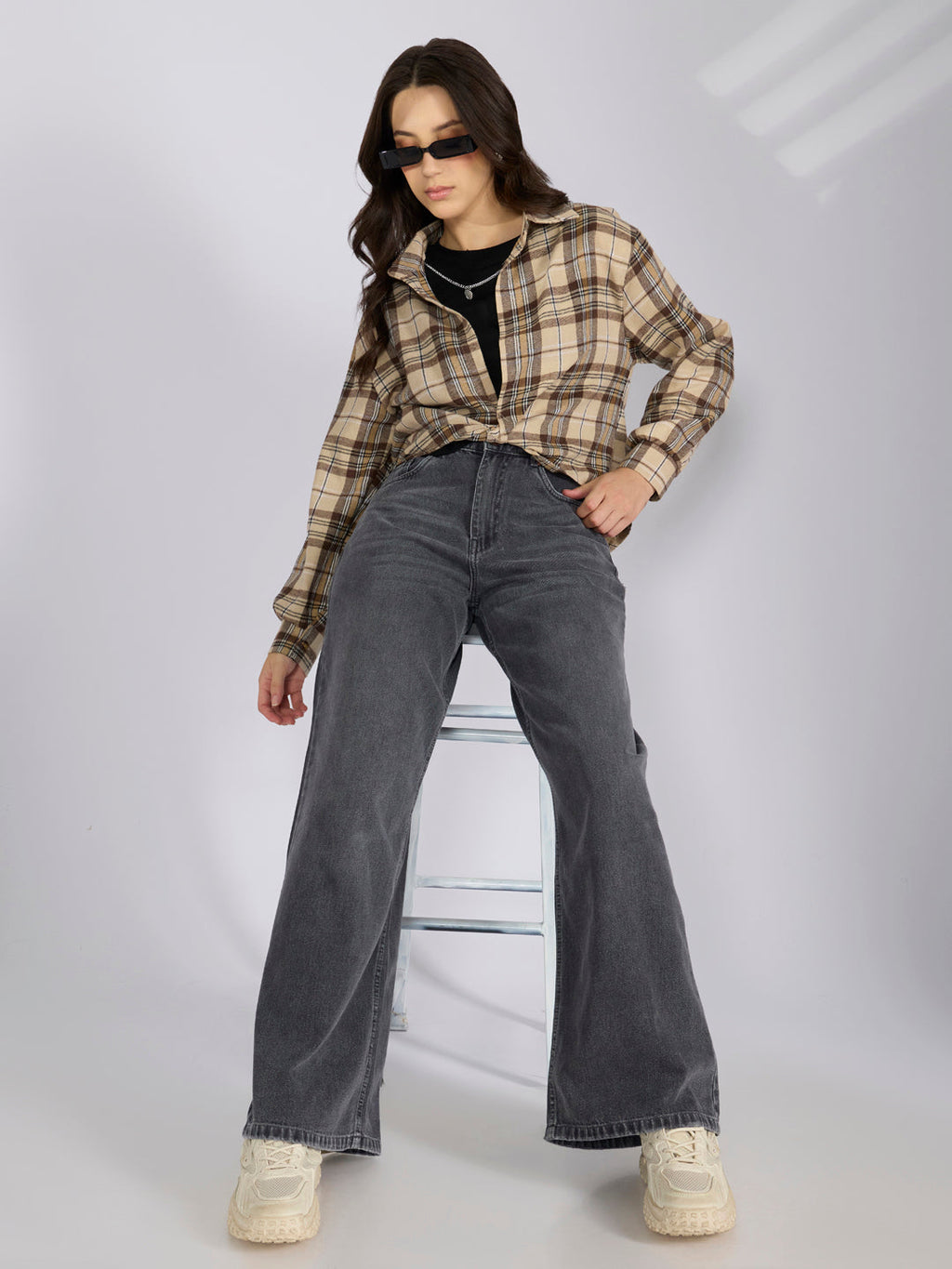 Women's Checked Beige Shirt Style Top with Chain