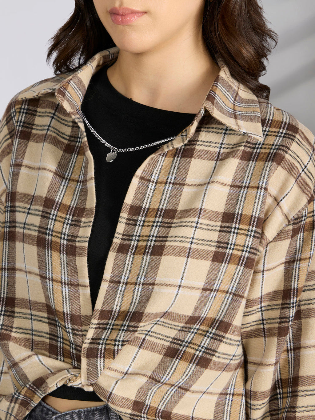 Women's Checked Beige Shirt Style Top with Chain