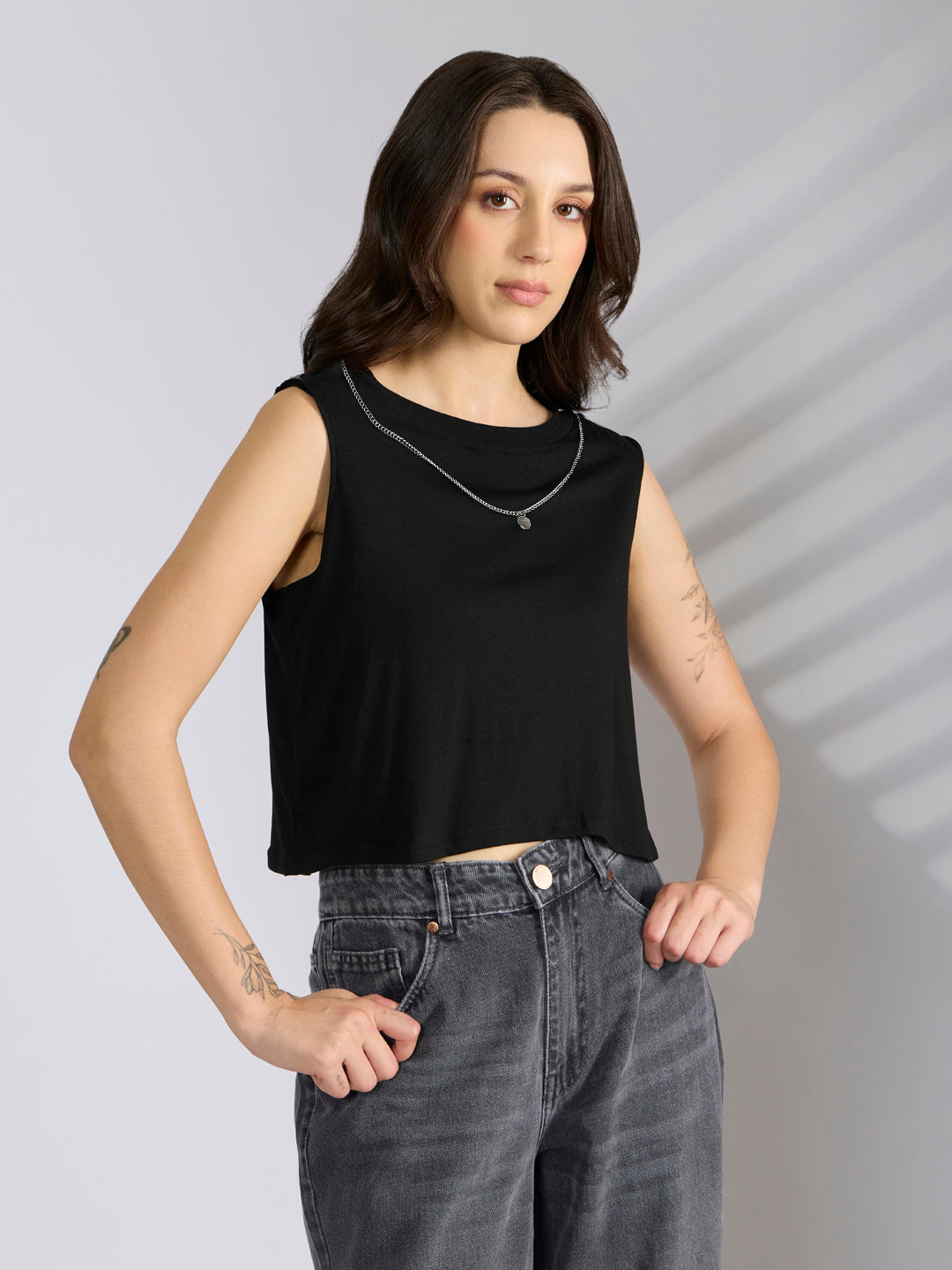 Women's Checked Beige Shirt Style Top with Chain