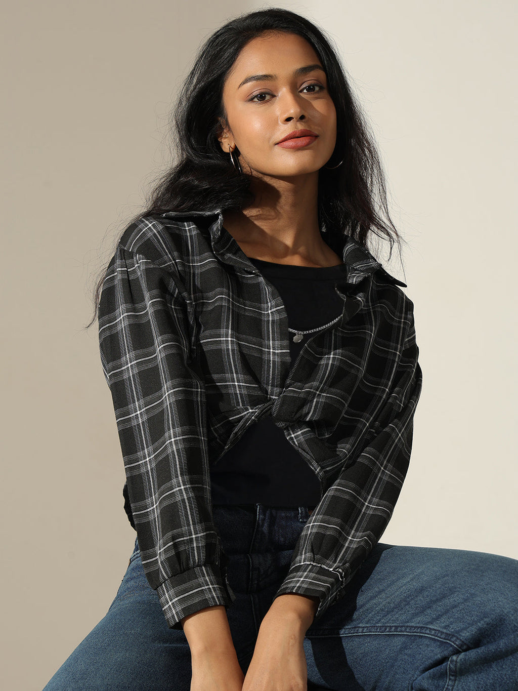 Women's Checked Black Shirt Style Top with Inner Tank Top & Chain