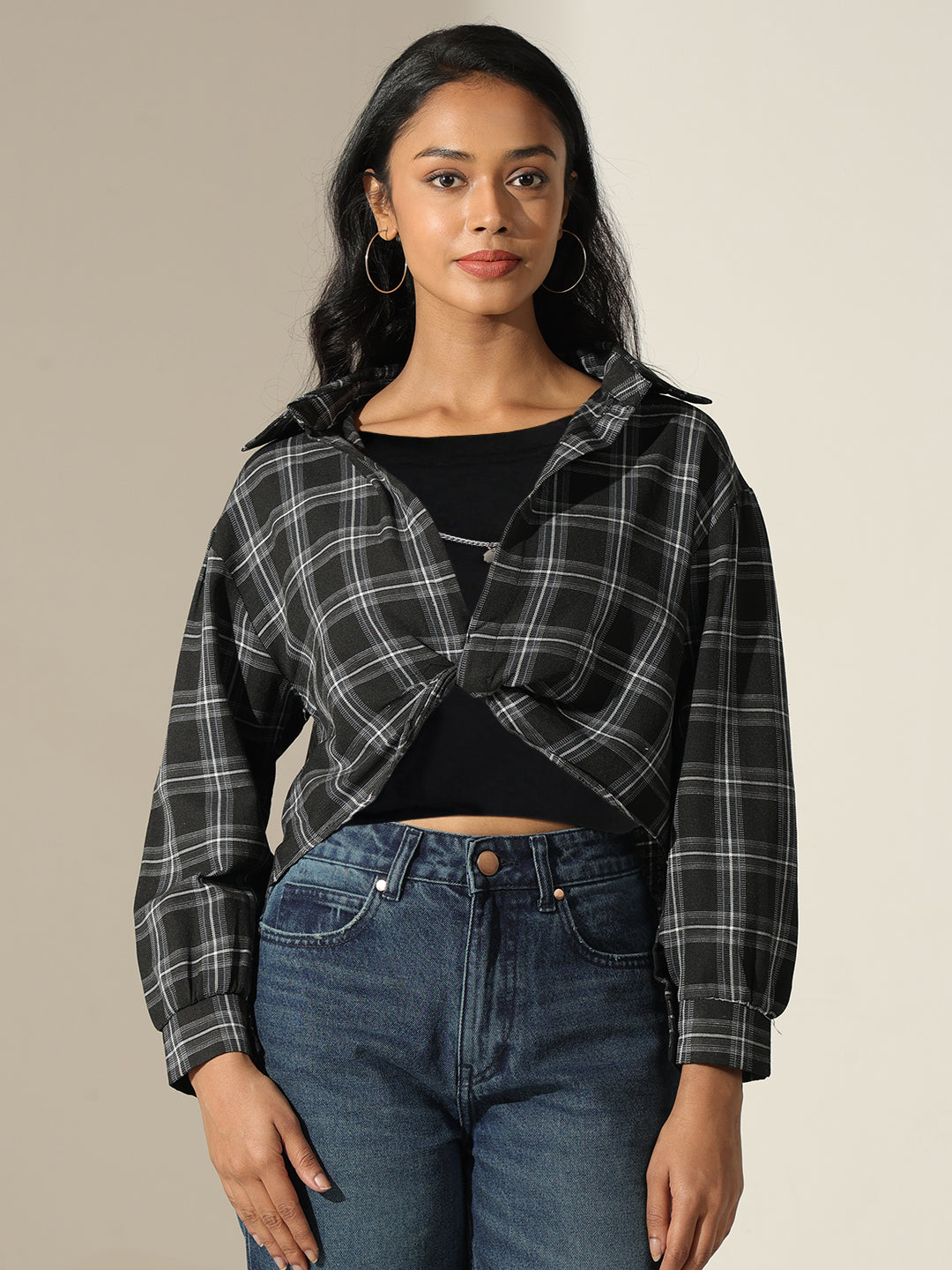 Women's Checked Black Shirt Style Top with Inner Tank Top & Chain