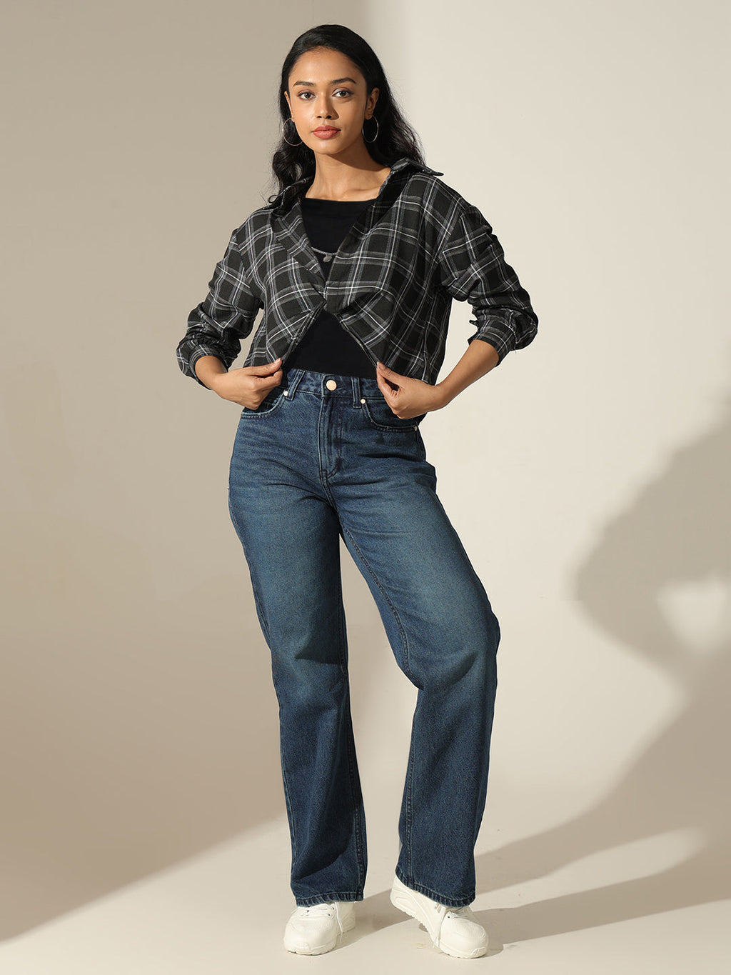 Women's Checked Black Shirt Style Top with Inner Tank Top & Chain