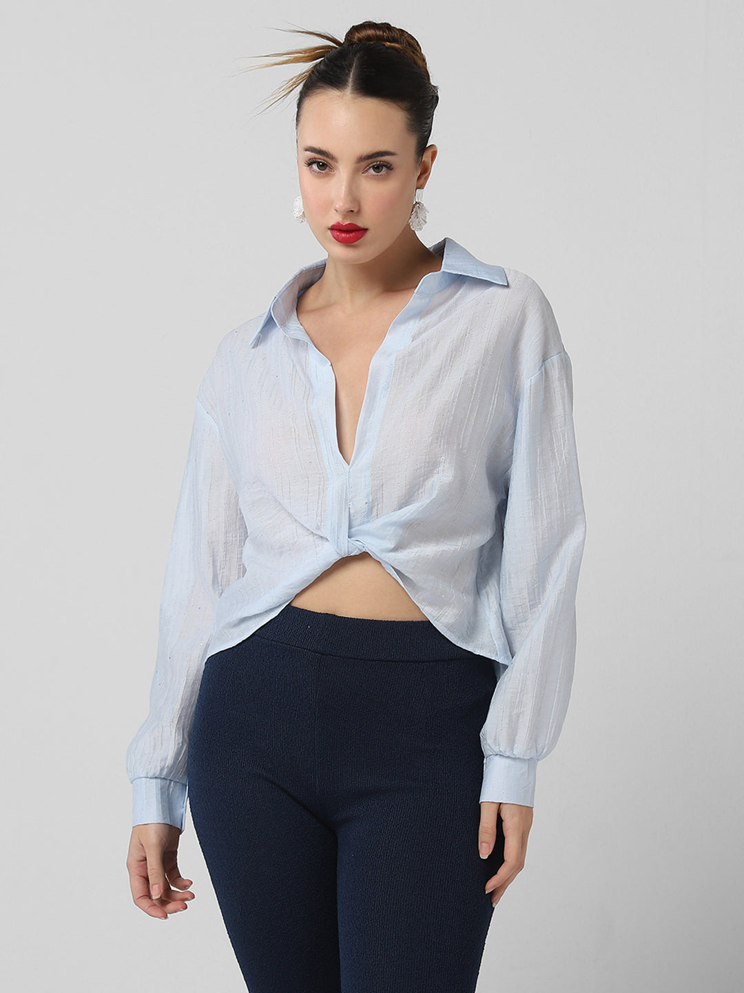 Women's Blue Studded Shirt Style Crop Top