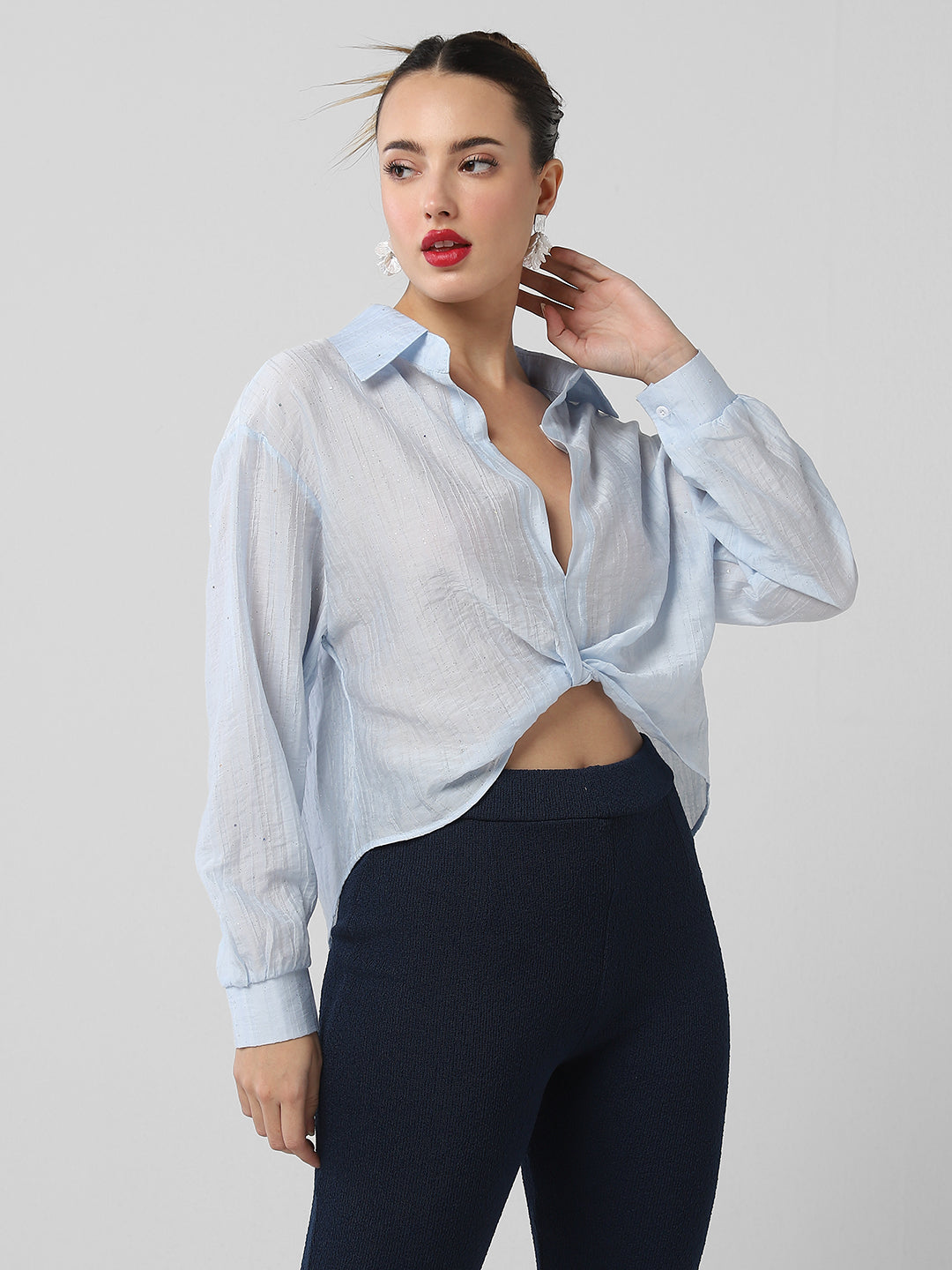 Women's Blue Studded Shirt Style Crop Top