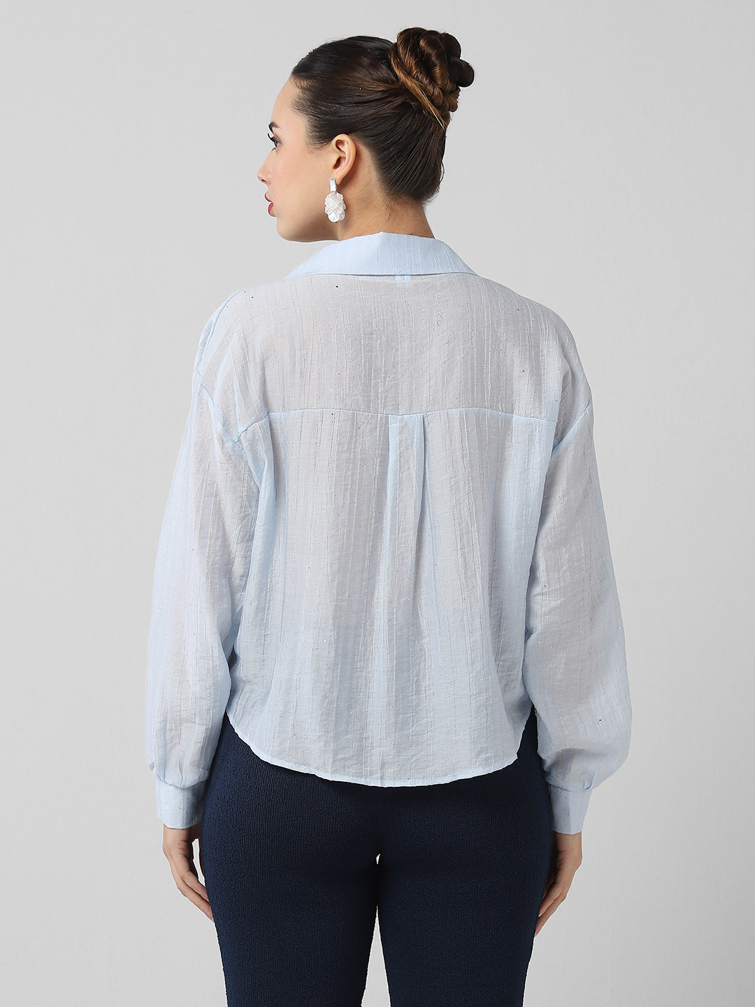 Women's Blue Studded Shirt Style Crop Top