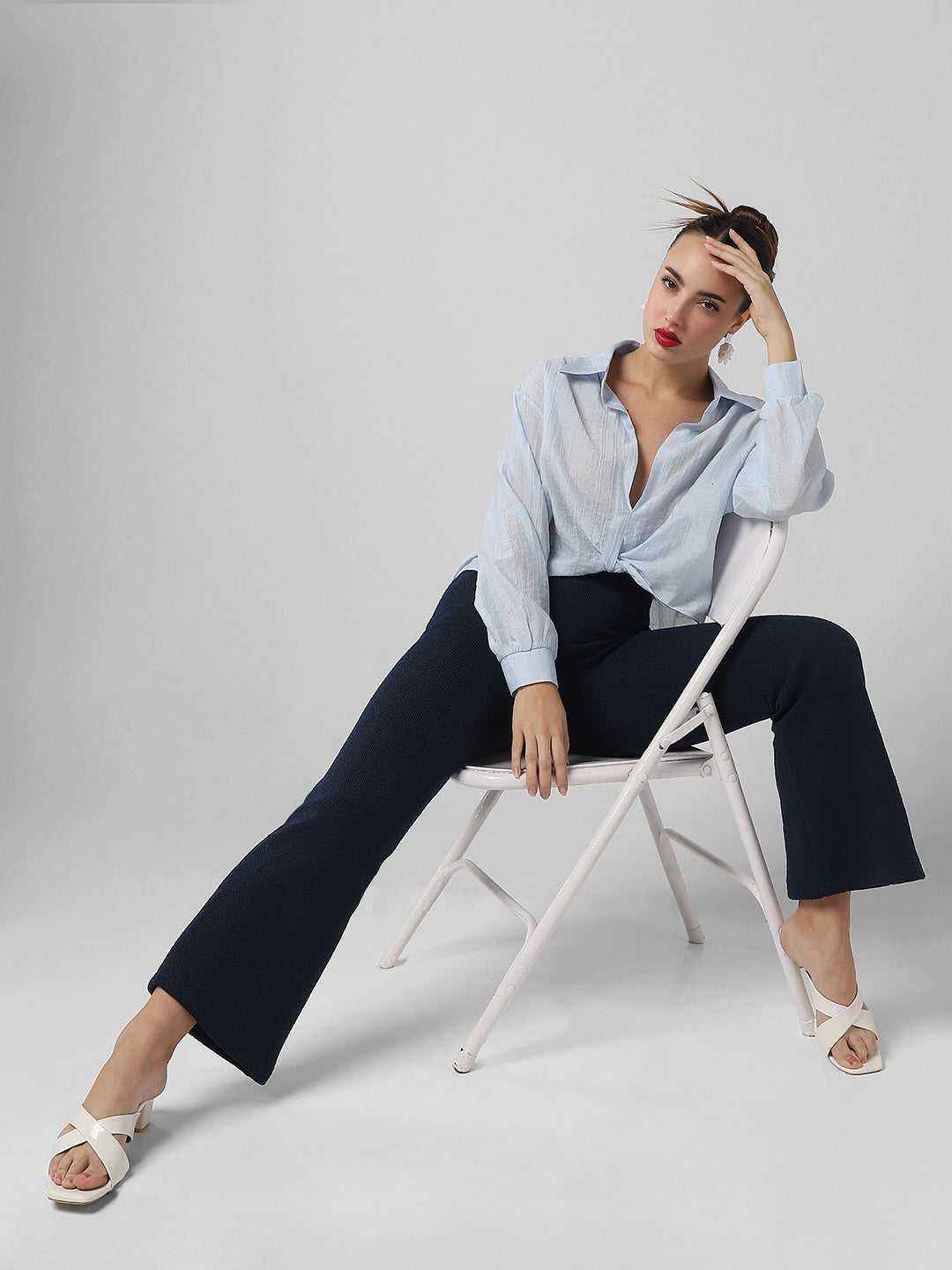 Women's Blue Studded Shirt Style Crop Top